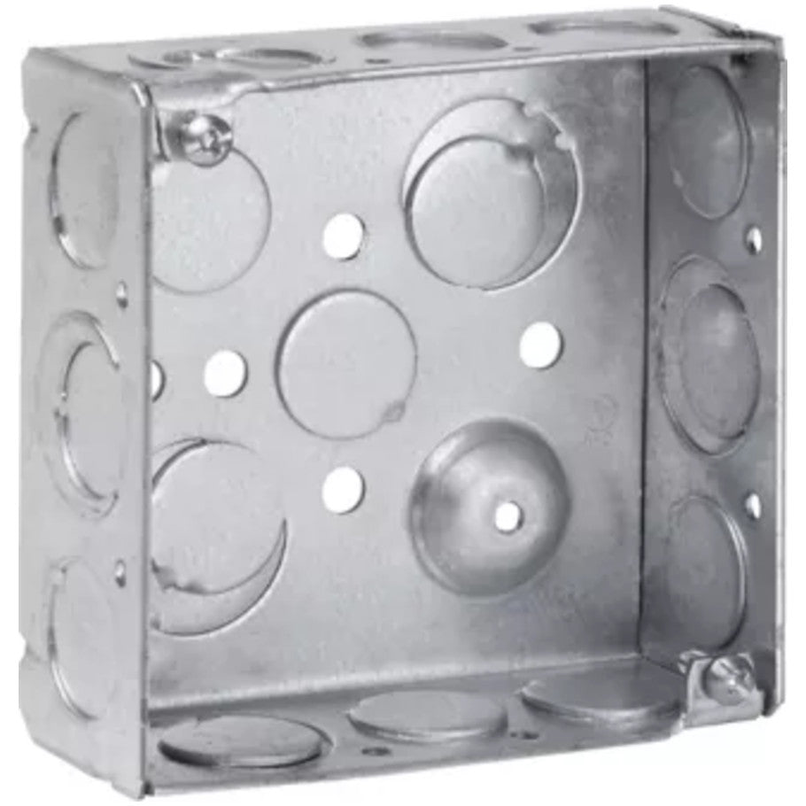 4 Square Box, Steel, Welded, 1-1/2 in. D, (8) 1/2   (4) 1/2 3/4 in. E Side KO, (2) 1/2   (2) 1/2 3/4 in. E Bottom KO