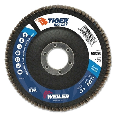 Tiger Big Cat High Density Flap Disc, 4-1/2 in dia, 120 Grit, 7/8 in Arbor, 12,000 RPM, Type 27