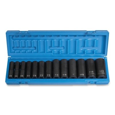 Impact Socket Set, 1/2 in Dr, SAE, 6-point, 7/16 in to 1-1/4 in, 13-Pc Deep Length