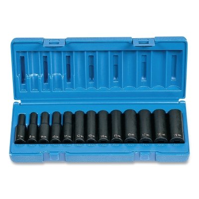 Impact Socket Set, 3/8 in Dr, Metric, 6-point, 7 mm to 19 mm, 13-Pc Deep Length