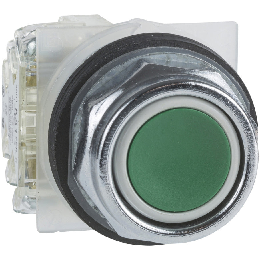 Non-Illuminated 30mm Pushbutton Operator, Momentary, 1NO Contact (KA2), Full Guard, Green Pushbutton Head