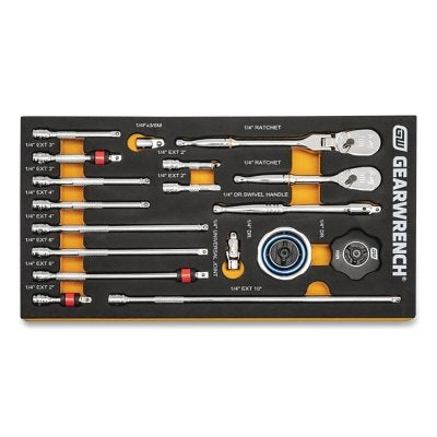 Drive Tool Modular Tool Set w/EVA Foam Tray, Full Polish Chrome Finish, Alloy Steel, Incl 1/4 in Dr/Adap/Ext, 18-Pc