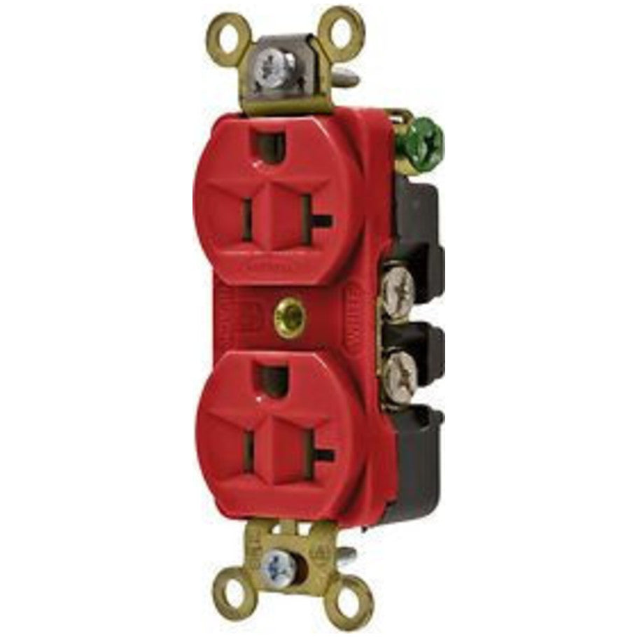HBL Compact Straight Blade Duplex Receptacle, Extra Heavy Duty, 20A, 125V, 2P3W, NEMA 5-20R, Back and Side-Wired, Red