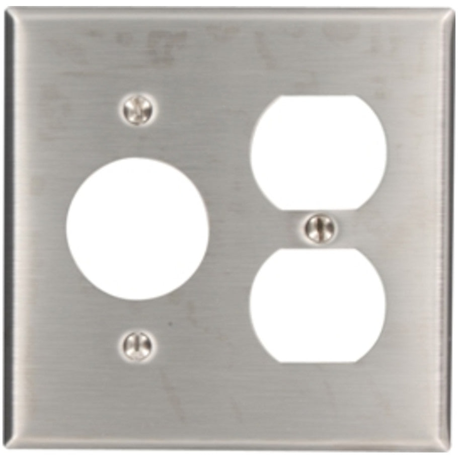 Type 302 Stainless Steel 2 Gang Device Mount Combination Duplex Receptacle and Single 1.406 Inch Dia. Device Wall Plate