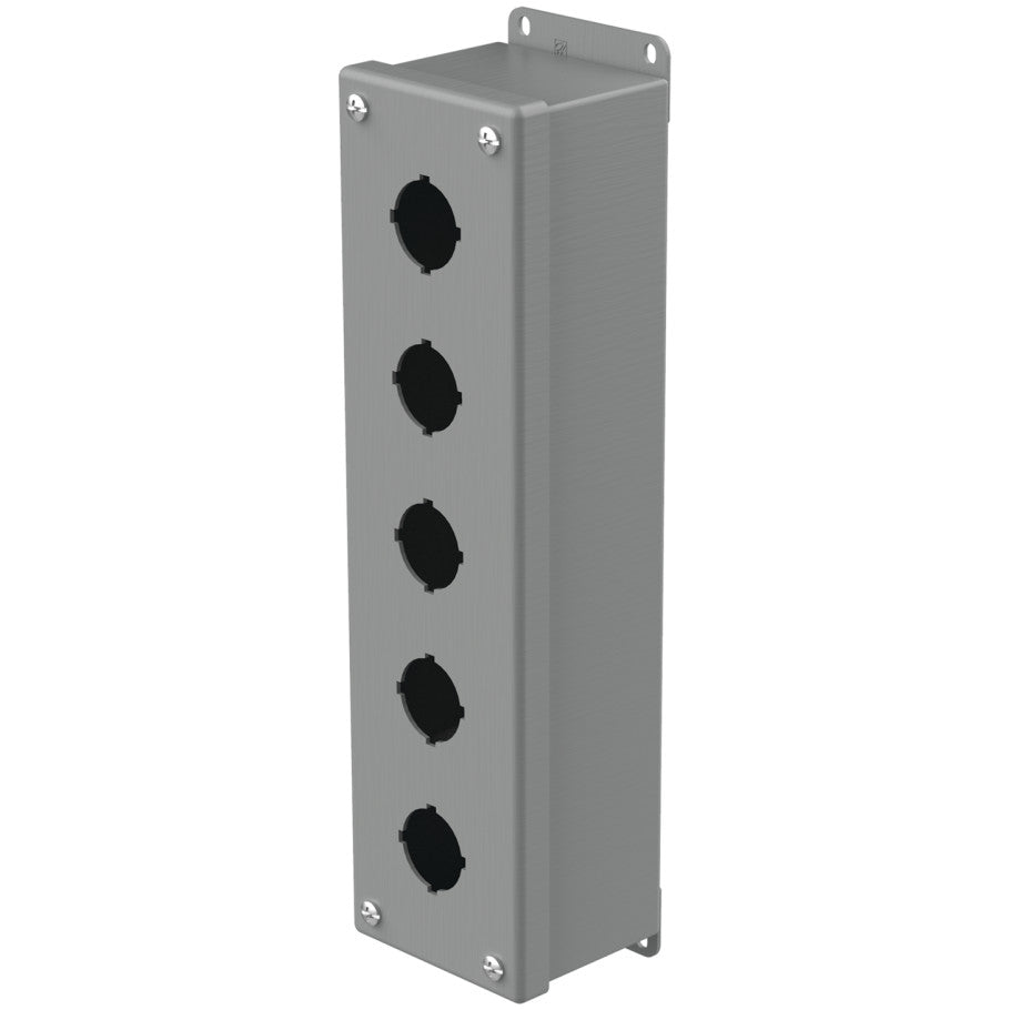 Pushbutton Enclosure, Type 12, Hinged Screw Cover, Compatible with 30.5 mm Pushbuttons, 5-Hole, 12.5 H x 3.25 W x 2.75 in. D