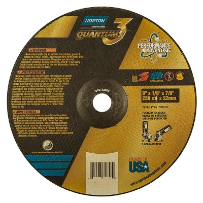 Quantum3 SG CA Type 27 Grinding Wheel, 9 in dia, 1/8 in Thick, 7/8 in Arbor, 24 Grit, Ceramic Alumina