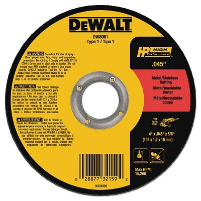 High Performance Cutting Wheel, Type 1, 4 in dia x 0.045 in Thick x 5/8 in Arbor, 60 Grit, Aluminum Oxide