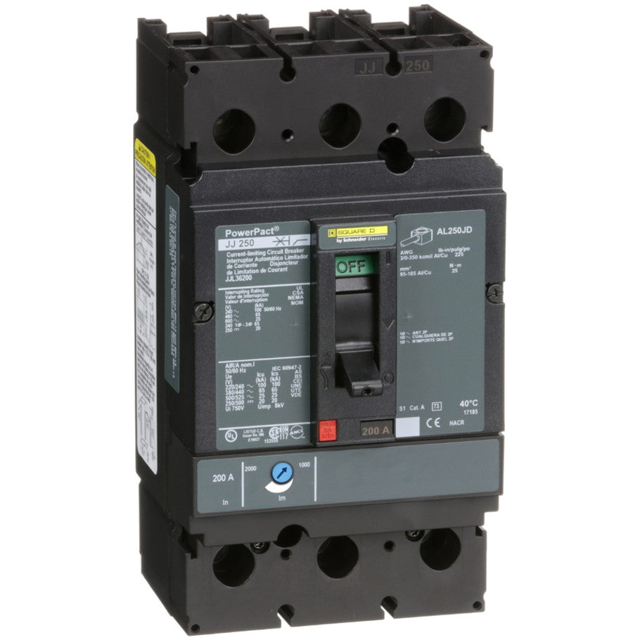PowerPact Molded Case Circuit Breaker, J-Frame, Thermal Magnetic, Unit Mount, 25kA, 600 Vac/250 Vdc, 3-Pole, 200A