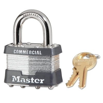 No. 1 Laminated Steel Padlock, 5/16 in dia, 3/4 in W x 2-1/2 in H Shackle, Silver/Gray, Keyed Alike, Keyed 3620