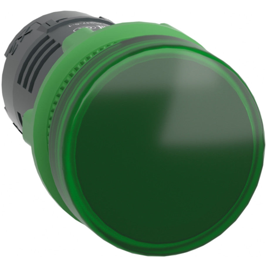 Monolithic pilot light, Harmony XB5, gray plastic, green, 22mm, universal LED, plain lens, 110…120V AC
