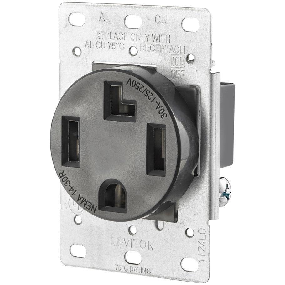 Flush-Mount Single Receptacle, Shallow Design, 3P4W, 30A, 125/250V, Industrial Grade, Black, NEMA 14-30R, Black