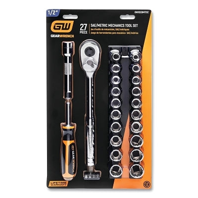 Mechanics Hand Tool Set, 27 Pc, 1/2 in Drive, Socket Rail and Bit Holder, Metric/SAE