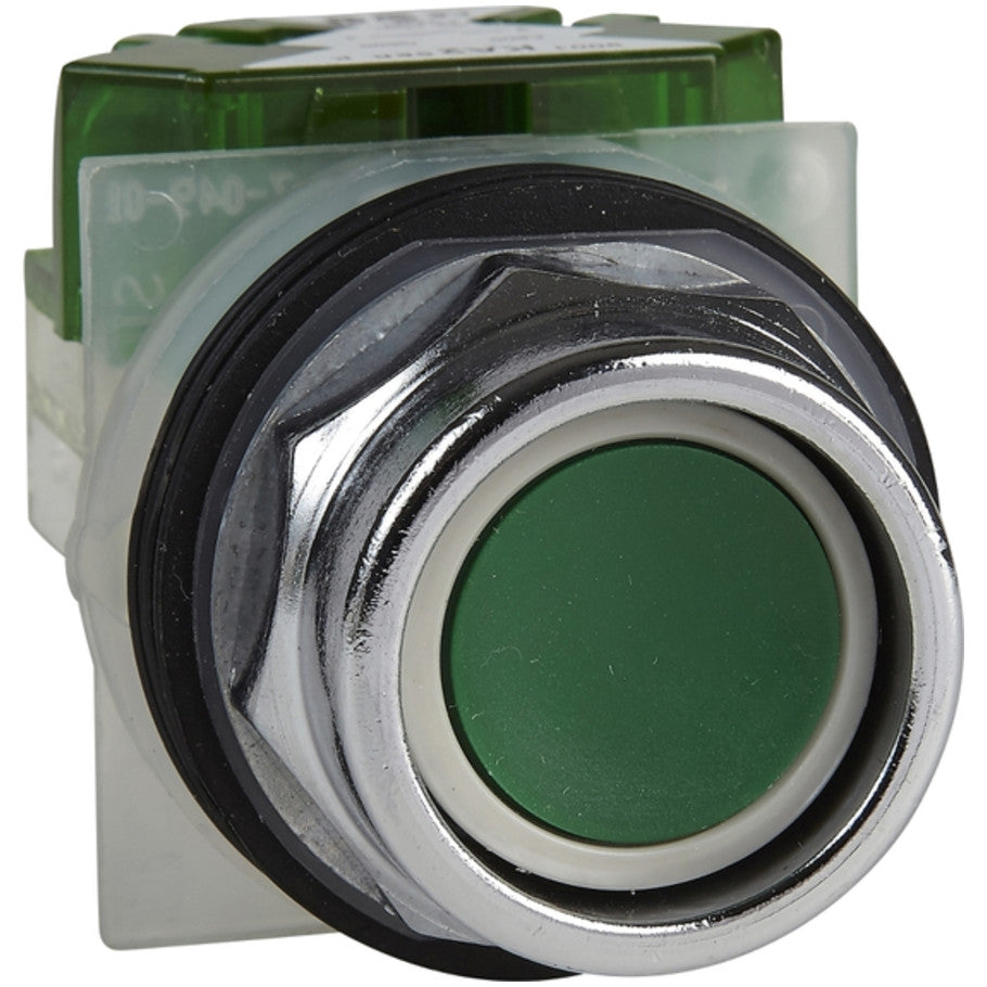 Push-button, Harmony 9001K, metal, recessed, green, 30mm, spring return, 1 NO