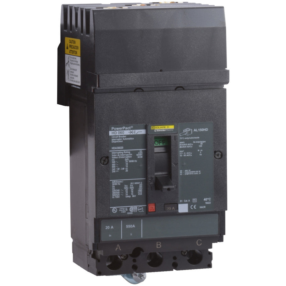 PowerPact Molded Case Circuit Breaker, I-Line Mount, H-Frame, Thermal Magnetic, 3-Pole, 600V, 14kA, 20A