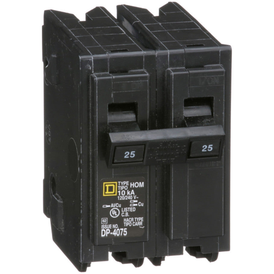 Homeline Circuit Breaker, Plug-In, 10kA, 120/240 Vac-Common Trip, 2-Pole, 25A