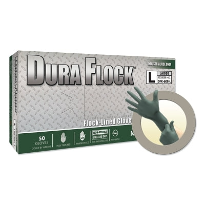 Dura Flock DFK-608 Disposable Nitrile Gloves, 8.3 in Palm, 7.9 Fingers, Flocked Liner, 2X-Large, Dark Green