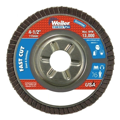 Vortec Pro Abrasive Flap Disc, Zirconium, 4-1/2 in dia, 60 Grit, 7/8 Arbor, 13000 RPM