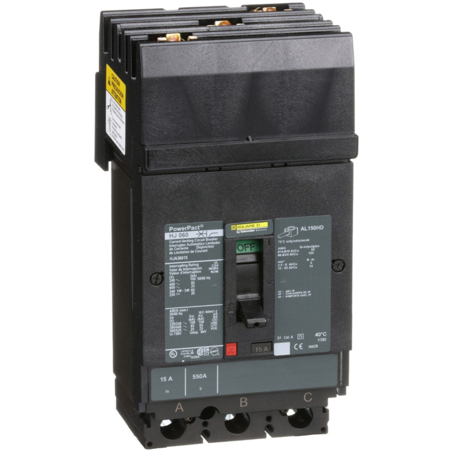 PowerPact Molded Case Circuit Breaker, H-Frame, Thermal Magnetic, I-Line Mount, 25kA, 600 Vac/250 Vdc, 3-Pole, 15A