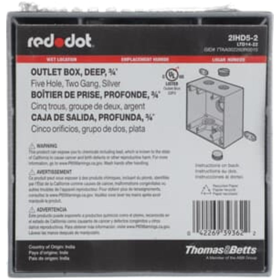 Red-Dot Weatherproof Box, Aluminum Die Cast, (5) 3/4 in. Threaded Hubs, 2-Gang, 2-17/32 in. Deep