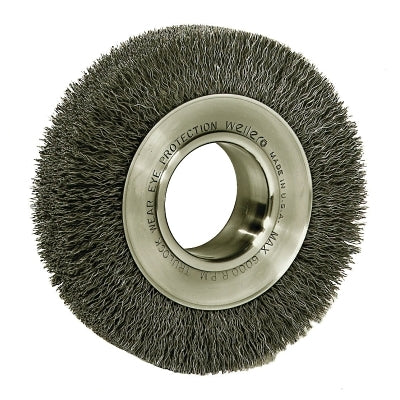 Wide-Face Crimped Wire Wheel, 6"Dia. x 1 1/4"W, 0.006 Stainless Steel, 6,000 rpm