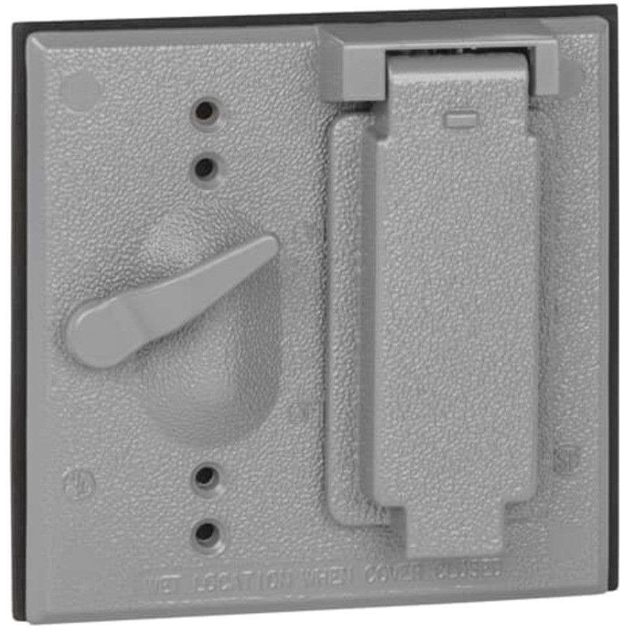 Red-Dot Weatherproof Cover, Die-Cast Aluminum, Lift Lid, Silver, 2-Gang, (1) Switch and (1) Duplex Receptacle