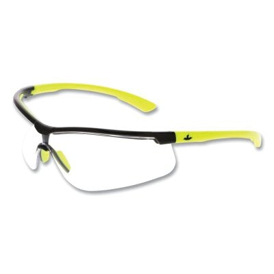 Klondike KD7 Series Safety Glasses, Polycarbonate Clear Lens/Black Frame, Hi-Vis Lime Temple, MAX36 Dual Coating
