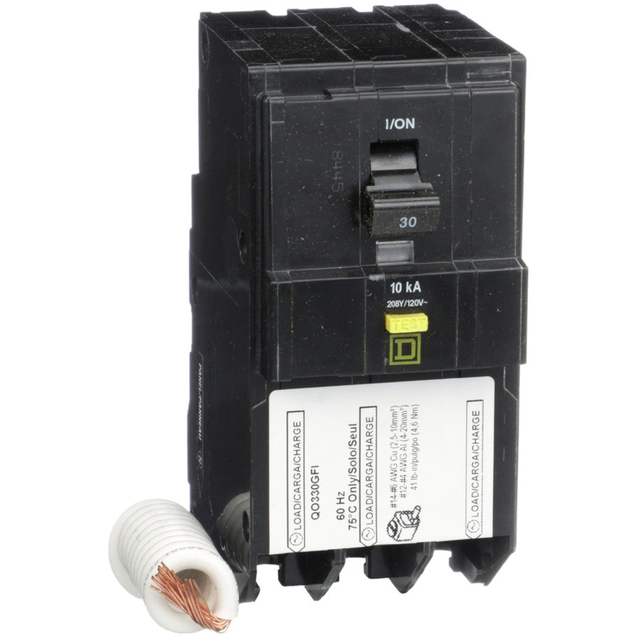 Mini circuit breaker, QO, 30A, 3 pole, 208Y/120VAC, 10kA, plug in, 6mA grd fault A, pigtail  TAA
