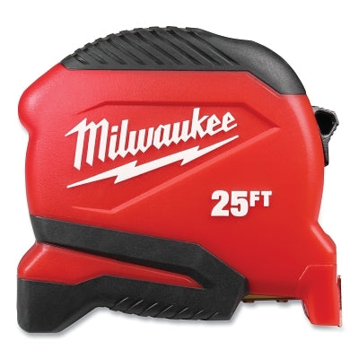Compact Tape Measure, 25 ft, SAE, Single-Sided, Steel, Red/Black