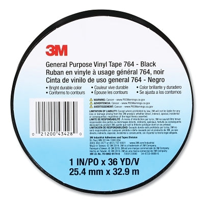 3M 021200-43428 General Purpose Vinyl Tape 764, 1 in x 36 yd x 5 mil, Black