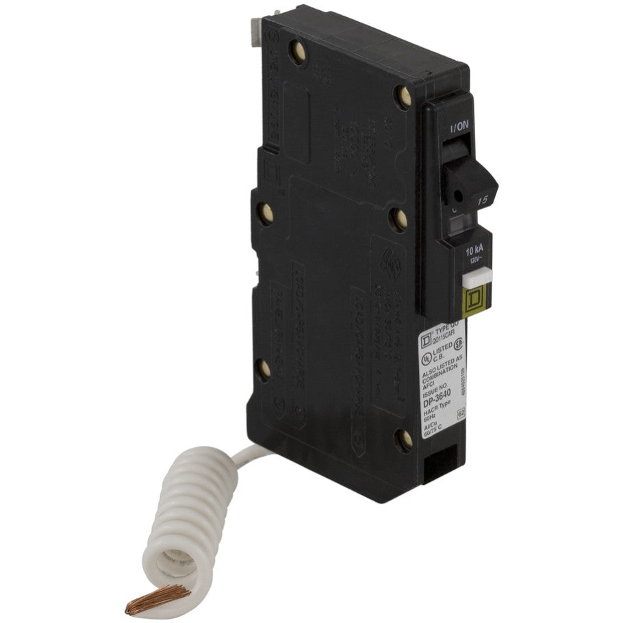 Mini circuit breaker, QO, 15A, 1 pole, 120VAC, 10kA, plug in, combo ARC fault, pigtail  TAA