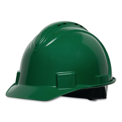 Short Brim Hard Hat, 4-point Ratchet Suspension, Vented, Green