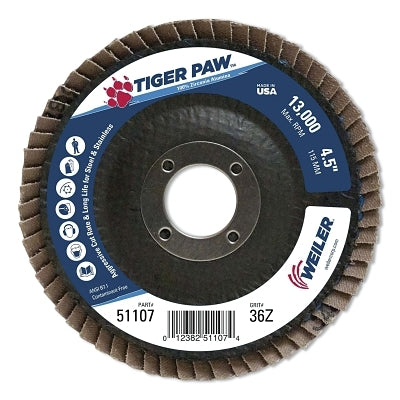 Tiger Paw Coated Abrasive Flap Disc, 4-1/2 in, 36 Grit, 7/8 Arbor, Phenolic, 13,000 RPM