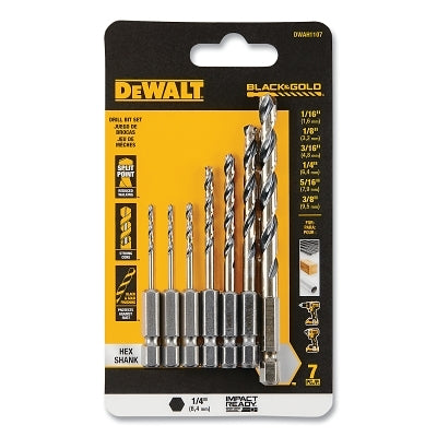 Black and Gold Impact Ready Drill Bit Set, 7 Pc, 1/4 in Hex Shank, 135 Split Point