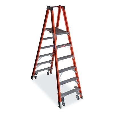 Platform Ladder, PT7406-4C, Twin Platform, Type IA, 6 ft L, 12 ft Reach, 300 lb Load Capacity, w/Casters, Fiberglass, Orange