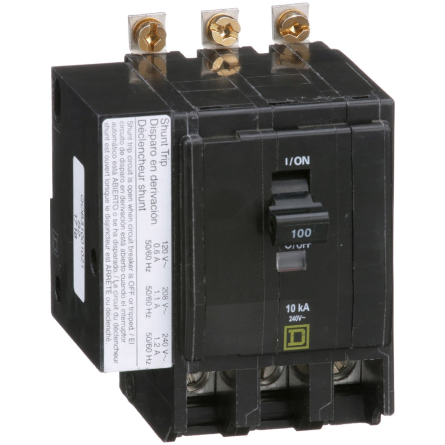 QOB Miniature Circuit Breaker, Bolt On, 3 Pole, 100A, 120/240V, 10kA, Shunt Trip