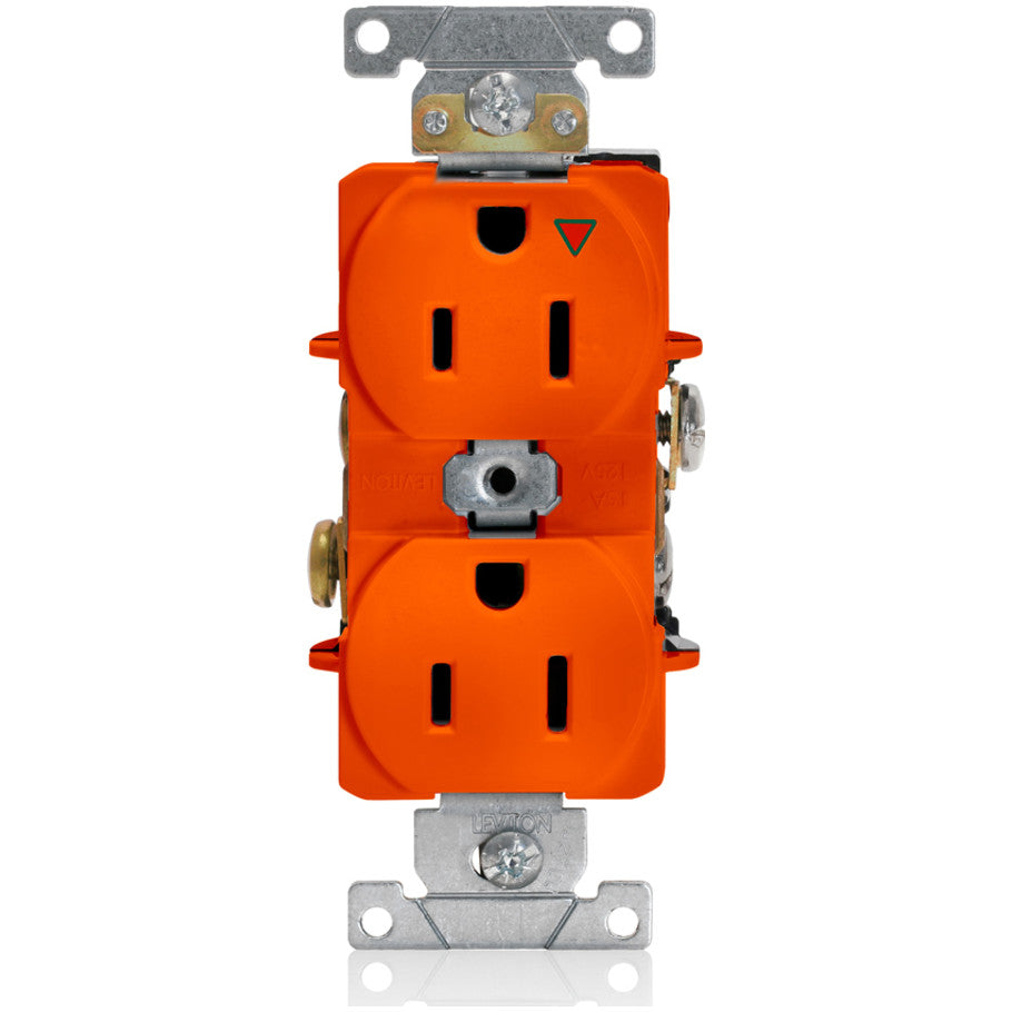 Industrial Series Heavy Duty Spec Grade Thermoplastic Isolated Ground 15A 125V Straight Blade Duplex Receptacle, Orange