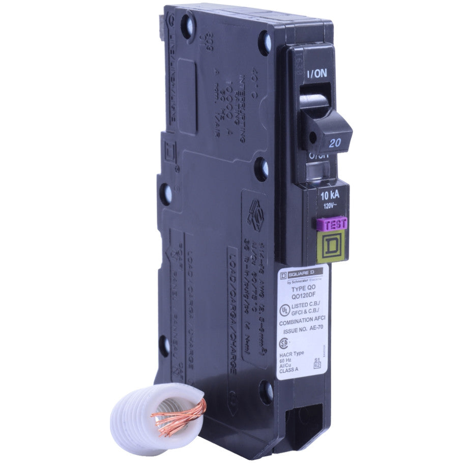 Mini circuit breaker, QO, 20A, 1 pole, 120VAC, 10kA, plug in, dual function, pigtail  TAA