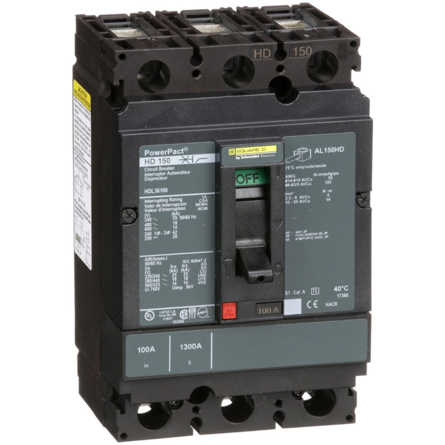 PowerPact Molded Case Circuit Breaker, H-Frame, Unit Mount, 14 kA, 600V, 3-Pole, 100A