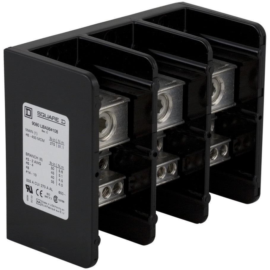 Power distribution block, Linergy, 3 pole, 1 line, 8 load, 335A Cu, 270A Al, 600V