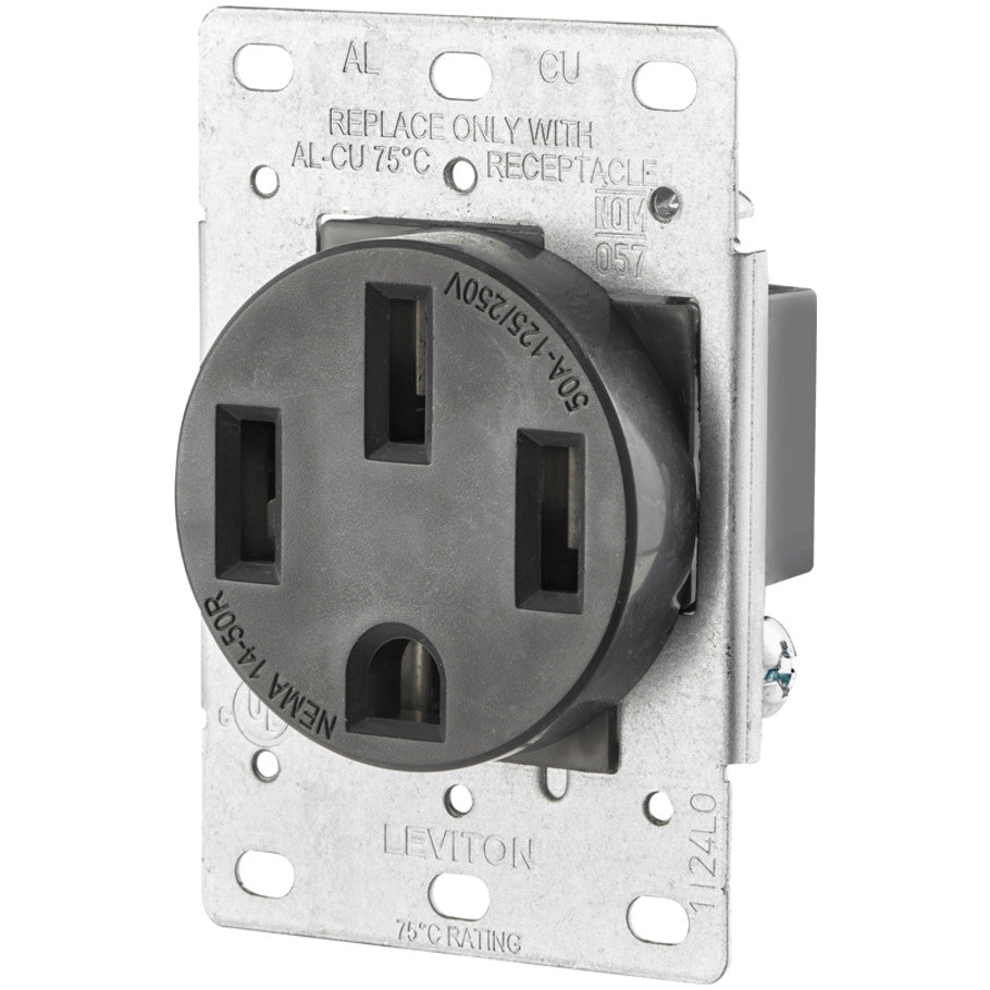 Flush-Mount Single Receptacle, Shallow Design, 3P4W, 50A, 125/250V, Industrial Grade, Black, NEMA 14-50R, Black