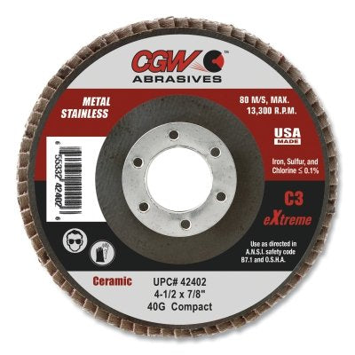 C3 Compact Ceramic Flap Disc, 4-1/2 in dia, 40 Grit, 5/8 in-11, 13300 rpm
