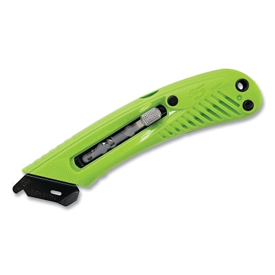 S5 Safety Cutter, 6.12 in L, Manual-Retracting Blade, Carbon Steel, Plastic Handle, Green