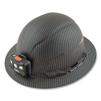 Premium KARBN Pattern Full Brim Hard Hat, Ratchet w/Pivot Suspension, Non-Vented, Gray, Rechargeable Headlamp/Charging Cable