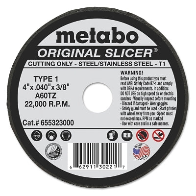 Original Slicer Cutting Wheel, 4 in dia, .04 in Thick, A 60 TZ Grit, Alum. Oxide