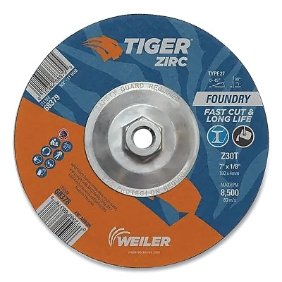 Tiger Grinding Wheel, Combo, 7 in dia x 1/8 in Thick x 5/8 in-11 Arbor, 30 Grit, Zirconia Alumina, Type 27, 10 EA/BX
