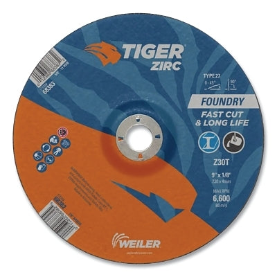 Tiger Grinding Wheel, Combo, 9 in dia x 1/8 in Thick x 7/8 in Arbor, 30 Grit, Zirconia Alumina, Type 27, 25 EA/BX