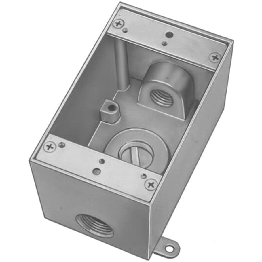 1-Gang aluminum die cast D-PAK 2-1/16 in. deep weatherproof box with (3) 3/4 in. hubs and mounting lugs.