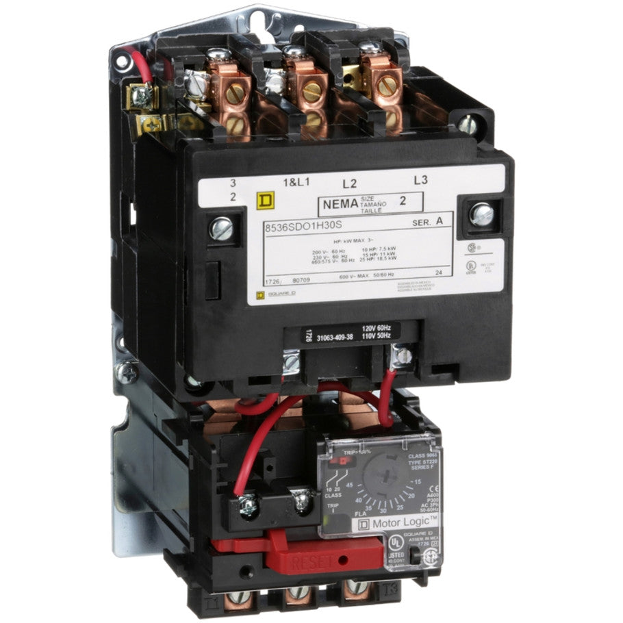 NEMA Rated Magnetic Starter, Type S, Non-Reversing, Open Enclosure, 3-Pole, 3-Phase, 45A, NEMA Size 2, 110/120V Coil, Form H30/S