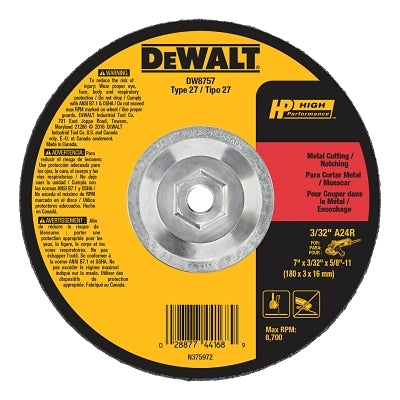 High Performance Cutting and Notching Wheel, Type 27, 7 in dia x 3/32 in Thick x 5/8 in-11 in Arbor, 24 Grit, Alum Oxide