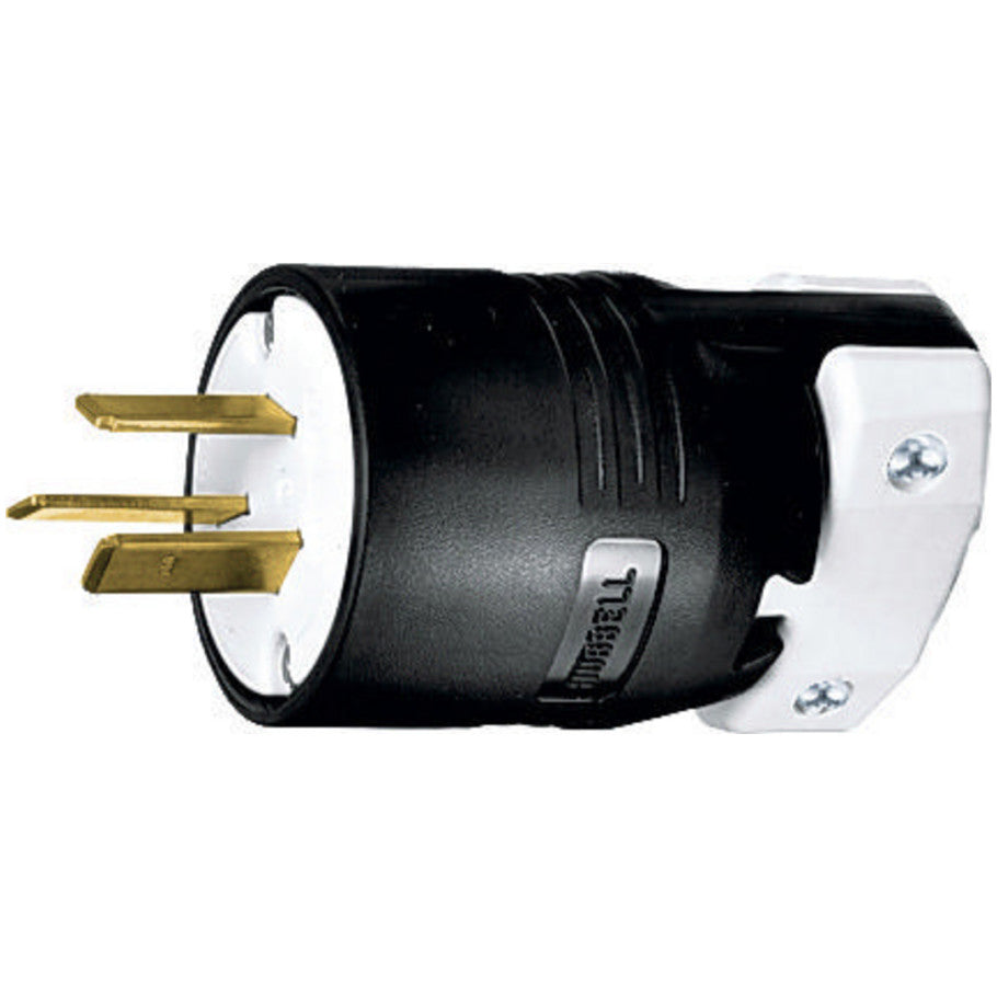 Straight Blade Plug, 50A, 125/250V, 3P3W, NEMA 10-50P, Cord Dia. 0.625 to 1.218 in., Gripping Ribs, Black/White